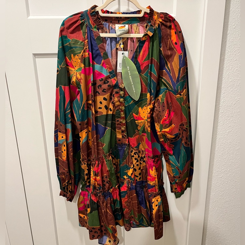 FARM Rio NWT AUTHENTIC BROWN PRINTED LEOPARD TROPICAL LONG SLEEVES DRESS